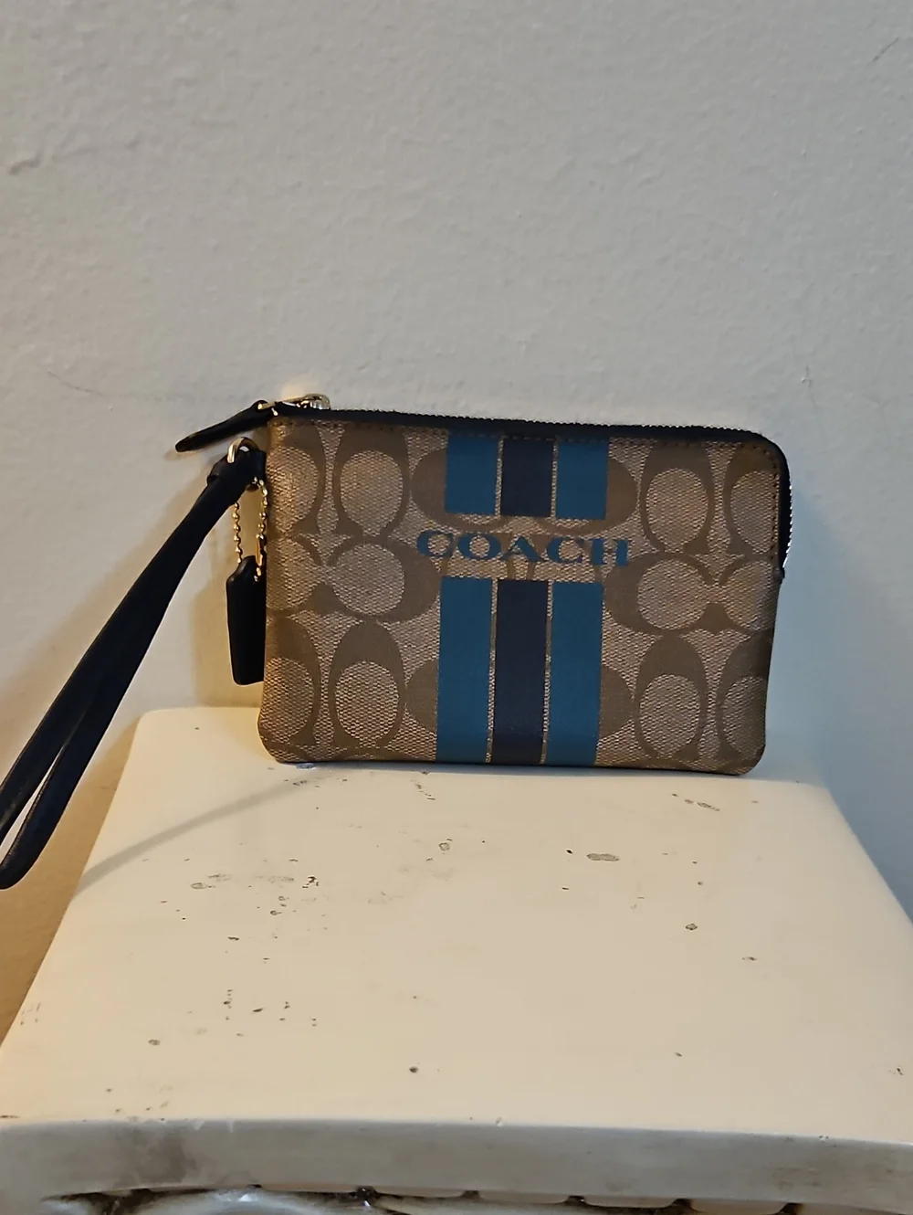 Coach Brown Signature Wristlet with Blue Stripes